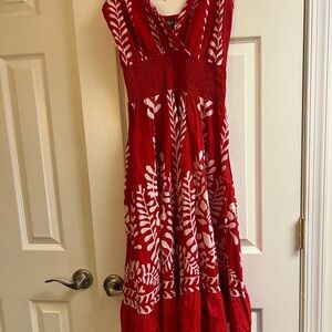 J. Jill Red and White Leaf Print Maxi Dress